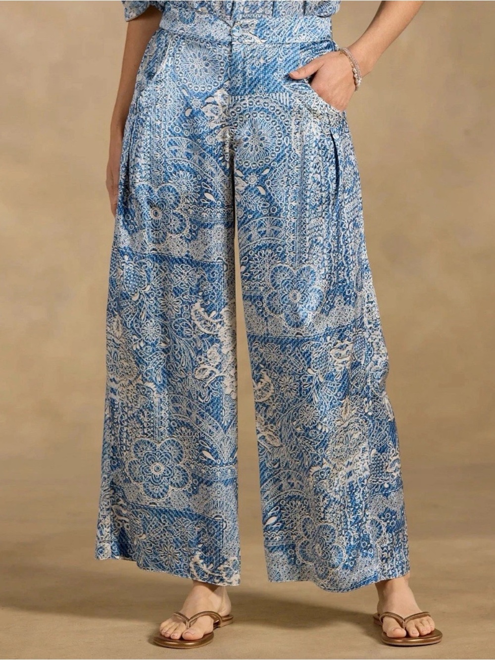 Johnny Was Women's Blue Printed Wide-Leg Pants